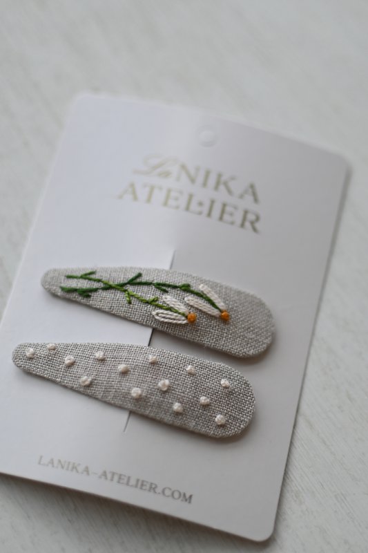 Barrettes fleur de lin naturel+pois