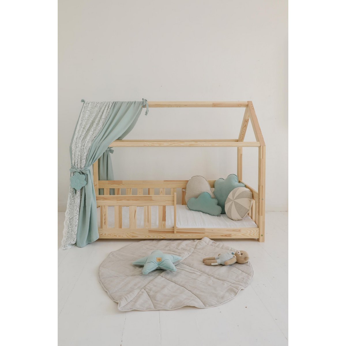 Muslin Boho Canopy with lace over the bed, House bed tent for children's room | Curtains for montessori bed |Toddler Bed Canopy, mint decor