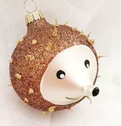 Glitter hedgehog ornament, brown spiky ball, cute face, Christmas decoration, gold accents.