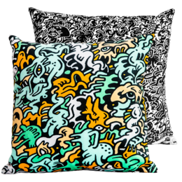 Velvet cushion with abstract, colorful pattern featuring organic, flowing shapes in shades of green, orange, and black.