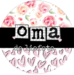 A round makeup mirror with a silver frame and the text "Grandma the sweetest" printed on the glass surface. The mirror is surrounded by a floral pattern of pink and white roses.