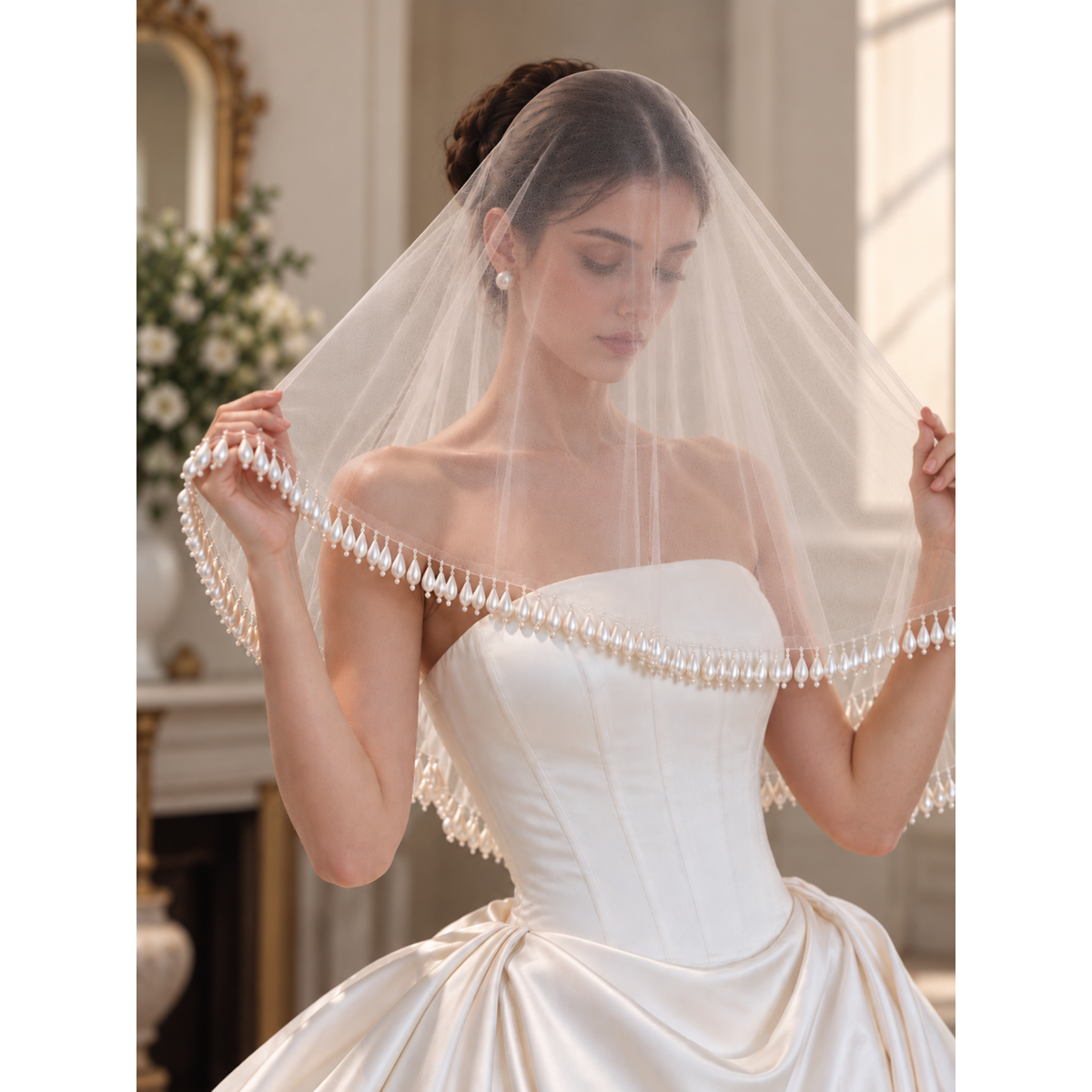 Romantic Teardrop Pearl Fringe Bridal Wedding Veil