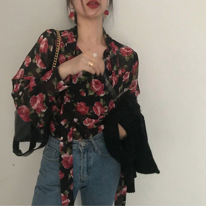 Dames Retro Bloemen Chique Chiffon Lente Herfst Mode Vetersluiting Ontwerp Zachte Vrouwelijke Shirts Top Ins