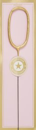 A tall, round, pink candle with a gold accent. The candle has a classic, elegant design suitable for party or home decor.