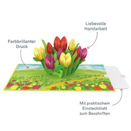 Kleurrijke pop-upkaart met tulpenweide