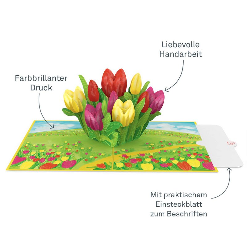 Kleurrijke pop-upkaart met tulpenweide