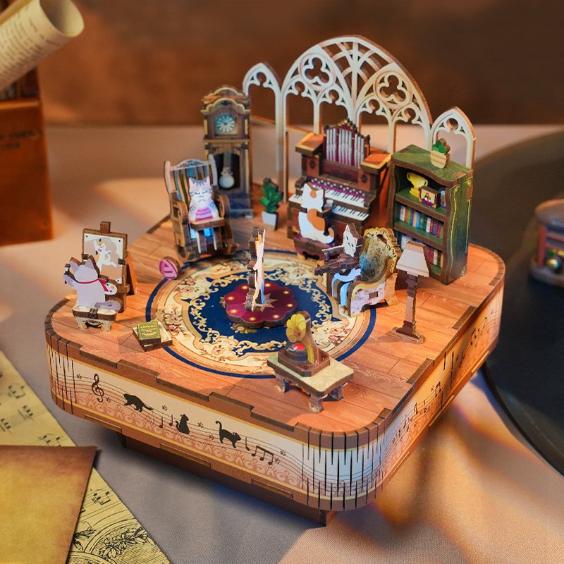 Tonecheer, Muziekdoosje, DIY 3D Houten Puzzel, Cat's Family, TQ065, 14x14x13,9cm