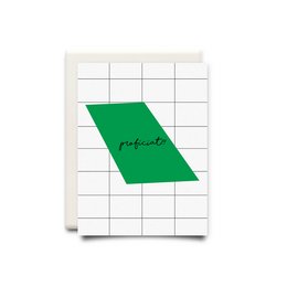 A green diamond-shaped graphic with the word "Perfecto" written on a white greeting card with a grid pattern.