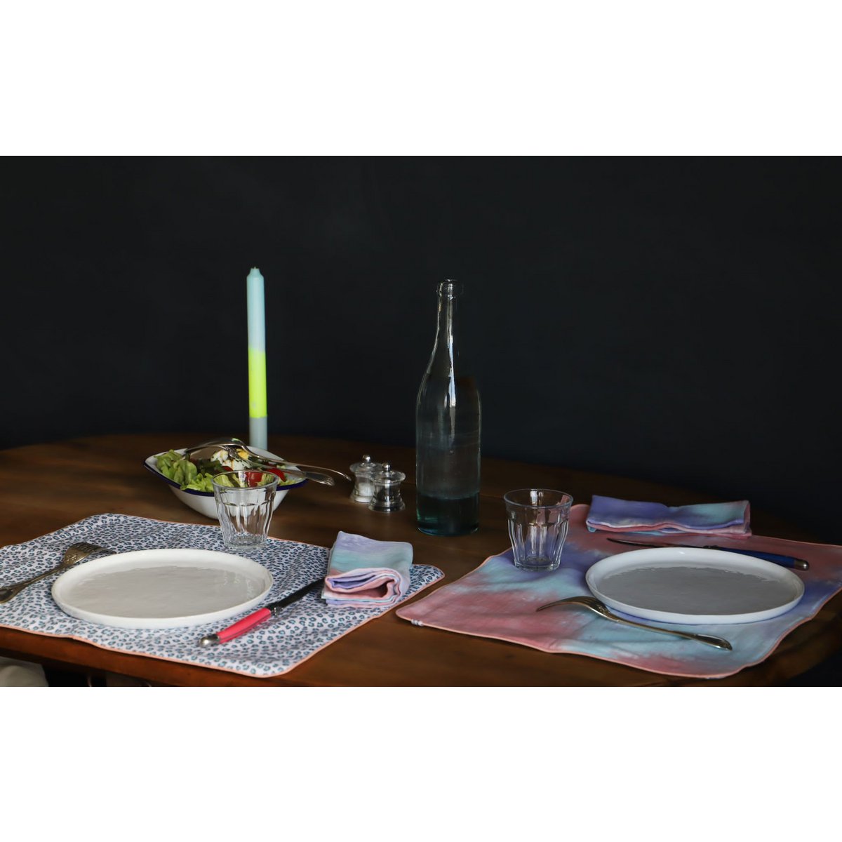 Omkeerbare placemat Graou turquoise patroon en paarse tie-dye - Graou Bleu - Set van 2