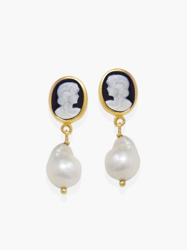 Black Mini Cameo And Pearl Earrings
