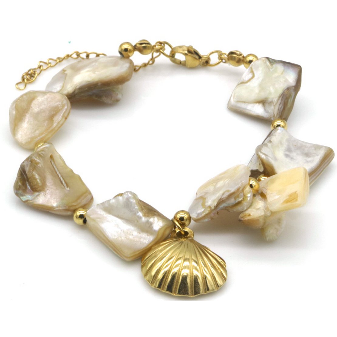 F-E15.1 B074-084G-2 S. Steel Statement Bracelet Shells 16-21cm