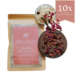 A blend of Mucuna, Rose, and Cacao in a round, dark chocolate-colored product. The product appears to be a superfood or health supplement, with natural ingredients visible in the image.