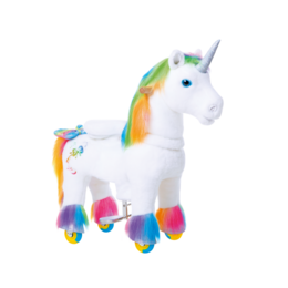 "A plush brown horse riding toy with blue and yellow accents, suitable for children ages 3-4. The toy features a soft, furry body and realistic details."