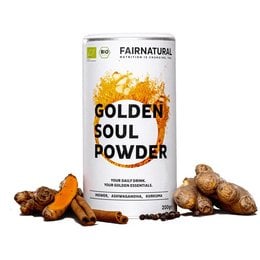 Golden turmeric powder in a container, with turmeric root and a glass of golden milk on a wooden board.
The image shows a container of "Golden Soul Powder" which appears to be a turmeric-based supplement or powder. The powder is a vibrant golden color, and the container is labeled as "Organic" and "Fairnatural". The image also shows some fresh turmeric root and a glass of what looks like golden milk or turmeric latte on a wooden board.
This product appears to be a turmeric-based powder or supplement that can be used to make a golden milk or turmeric latte drink. The key details that can be extracted from the image are:
Colors: Golden, orange
Materials: Turmeric powder, turmeric root
Style: Organic, natural
Shape: Cylindrical container, glass
The description could be used to help customers find this product when searching for terms related to turmeric, golden milk, or turmeric latte.
