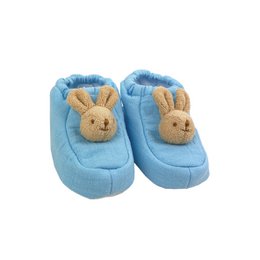  Soft, cozy sky blue slippers with adorable rabbit appliques, perfect for little feet ages 0-2 years. Made from organic cotton for comfort and warmth.