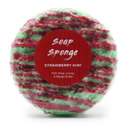 Round bath sponge, pink and green colors, strawberry kiwi scent, textured bubble soap sponge.