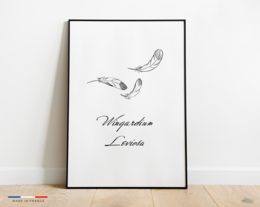 Minimalist poster featuring a simple line drawing of a bird in flight with the text "Wingardium Leviosa" below. The poster has a clean, modern aesthetic and would be suitable for wall art in a variety of home or office settings.