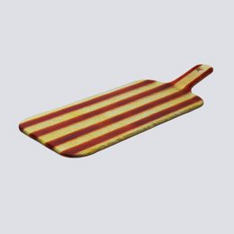 Rectangular serving platter with amber and brown striped pattern, made of ceramic material, suitable for serving food or decorative purposes.