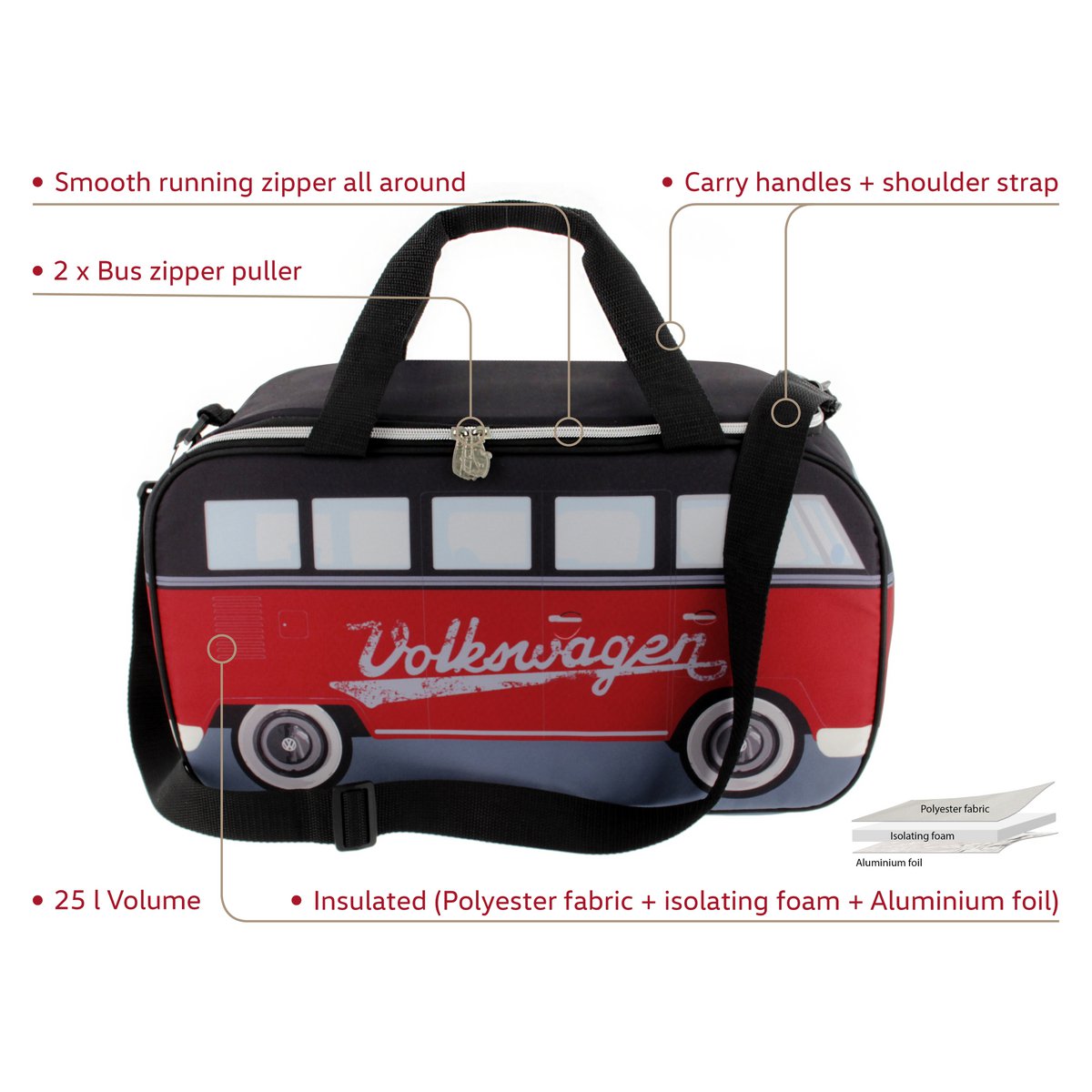 Volkswagen VW T1 Bus Koeltas (25 l) - Rood & Zwart