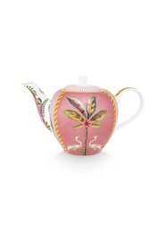 A pink teapot with a floral design featuring leaves in shades of green, yellow, and pink. The teapot has a round, bulbous shape and a long, curved spout. The handle is also curved and decorated with a floral pattern.