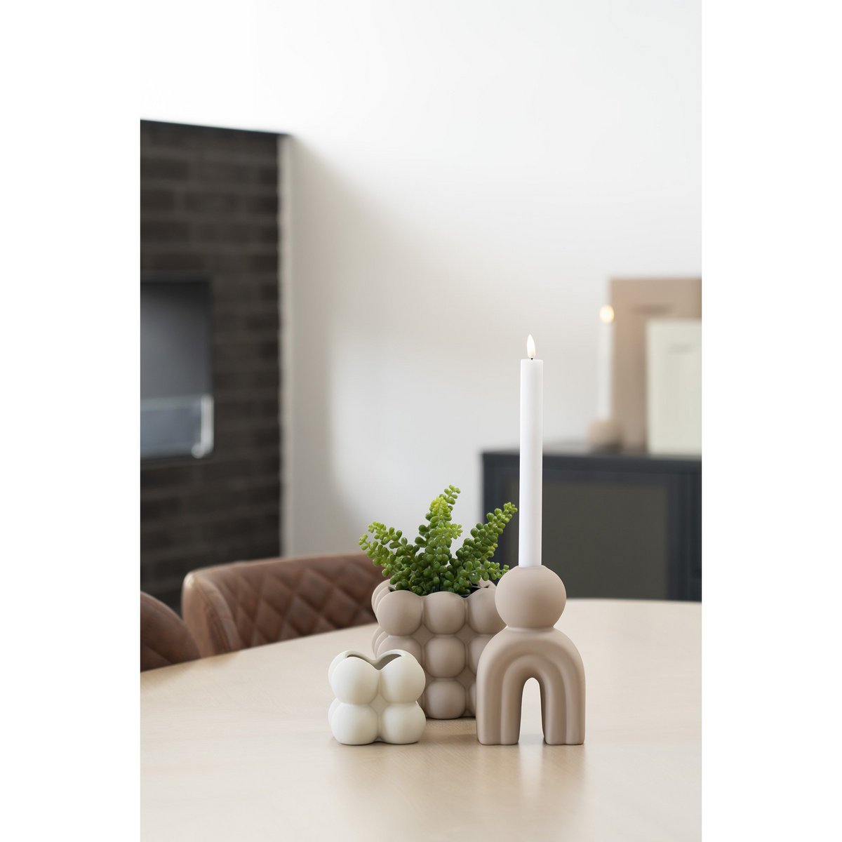 Candle Holder - Stoneware, Brown - 10.5x6.5x17 cm