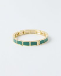 Green emerald beaded bracelet, gold-tone metal, rectangular stone tiles, elastic stretch bangle bracelet