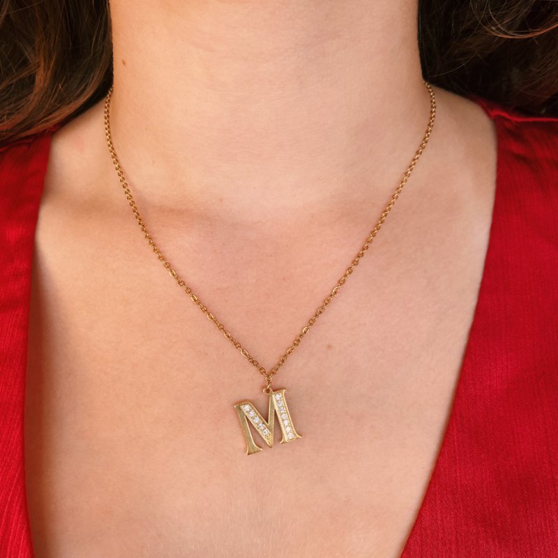 Lettera ketting mezzo diamante - iniziale M - oro