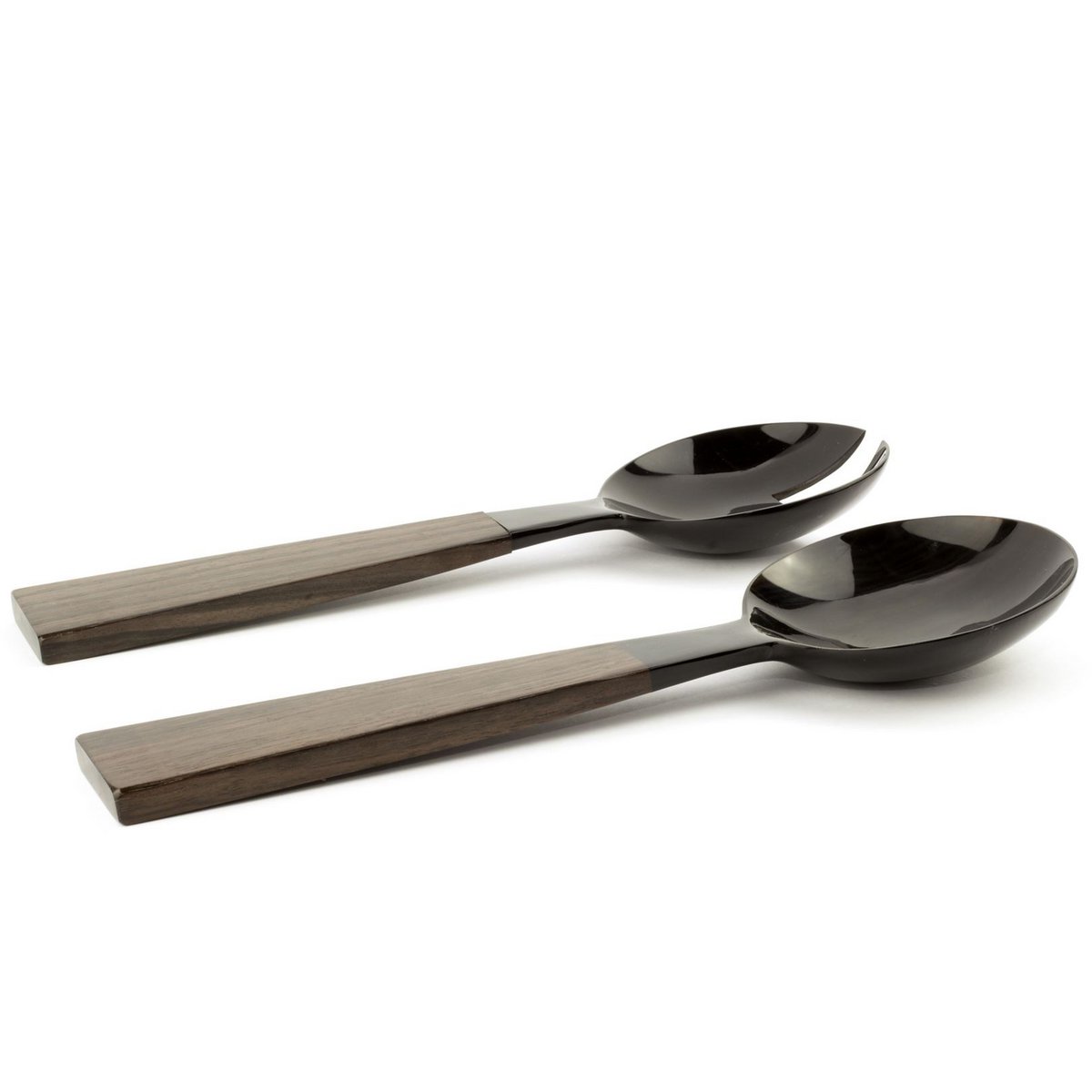 Grands couverts en corne noire avec manche triangulaire en bois