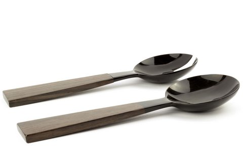 Large black horn cutlery with wooden triangular handle