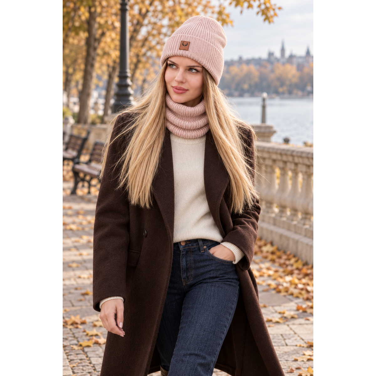 Completo cappello e sciarpa BRIGID - 100% lana merino - rosa cipria