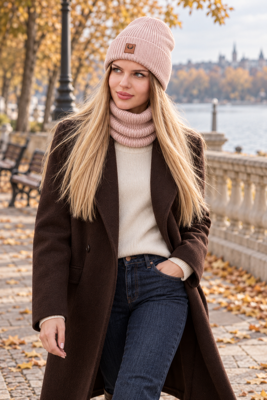 Completo cappello e sciarpa BRIGID - 100% lana merino - rosa cipria