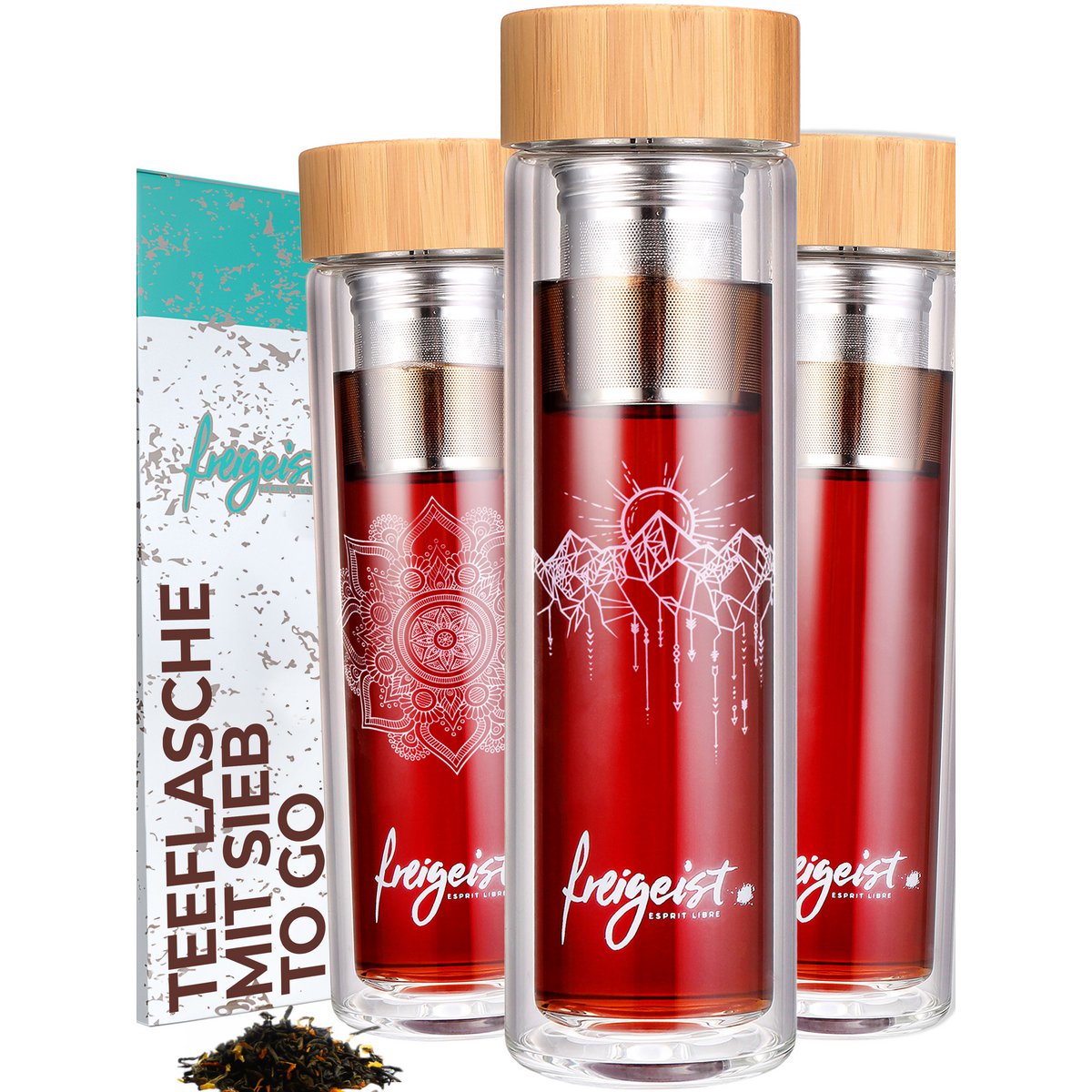 Teeflasche aus doppelwandigem Borosilikatglas, mit entnehmbarem Teesieb, 500ml