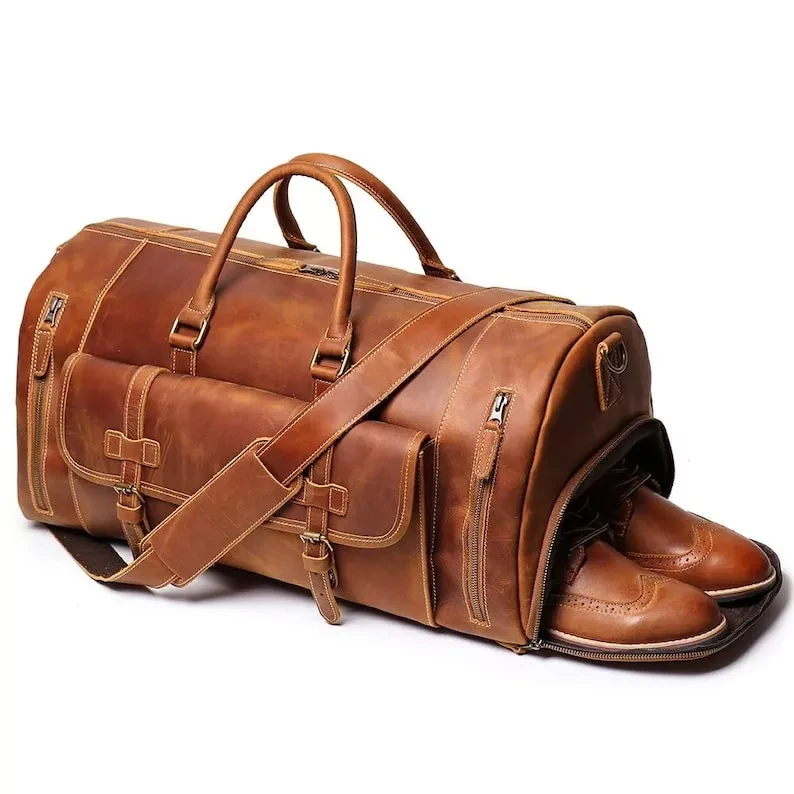 Handmade Buffalo Leather Travel Bag – Artisan 20" (50cm) "Titan" Duffle with Dedicated Shoe Compartment
