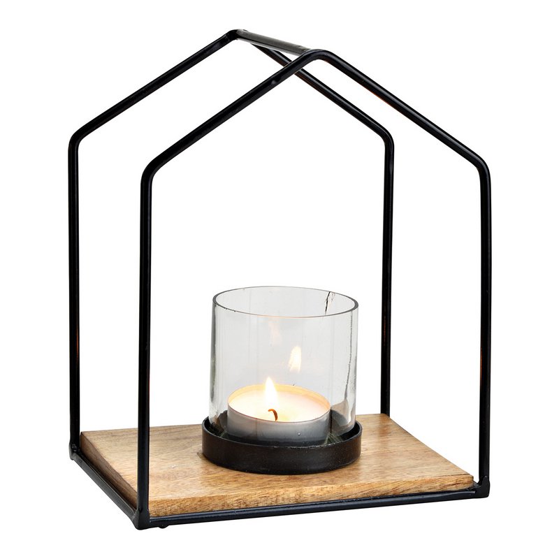 Lantern house made of metal, glass, transparent mango wood (W/H/D) 20x25x15cm