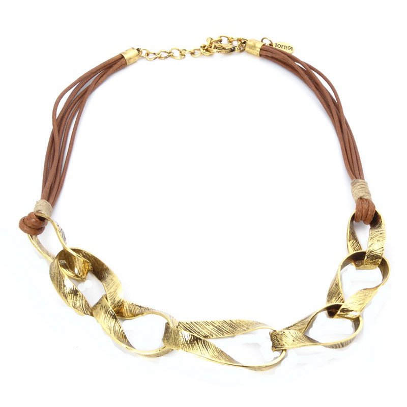 Collana in pelle marrone con maglie in oro antico