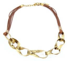 A brown leather necklace with antique gold links, featuring an intricate design of intertwined gold-toned metal pieces.