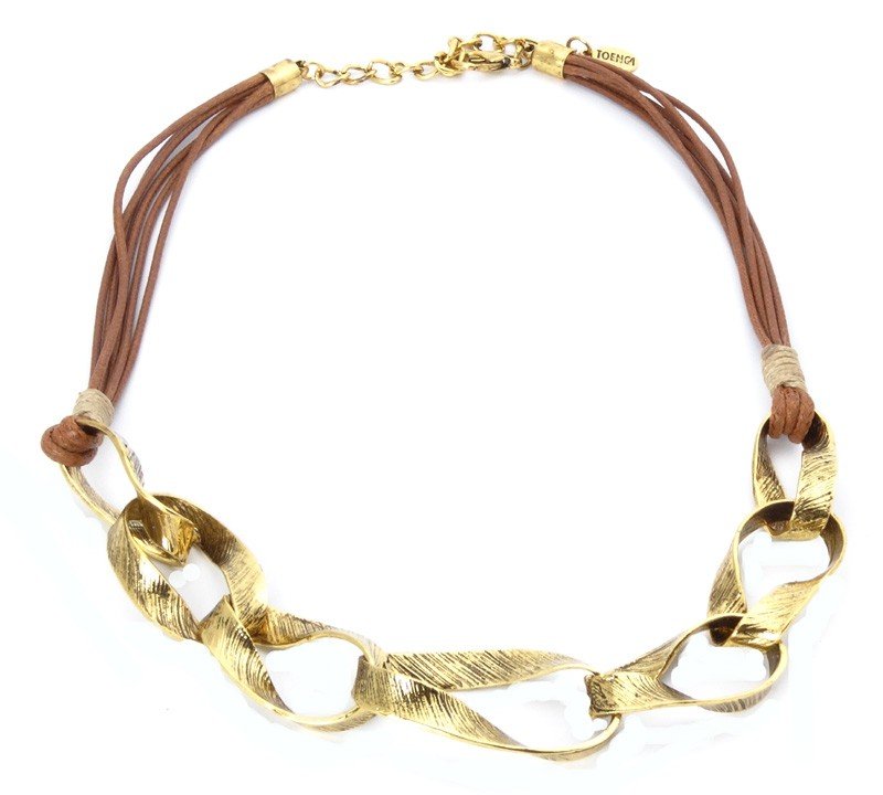 Collana in pelle marrone con maglie in oro antico