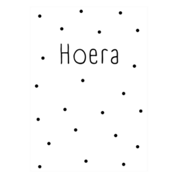 Festive party card with the text "Hoera" (Dutch for "Hurray") against a polka dot background.
