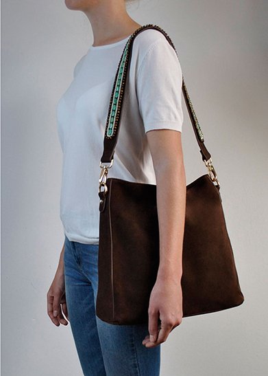 BOHO IBIZA BAG - Bandoulière Tigre Turquoise (70cm) + Sac en Daim (Cacao)