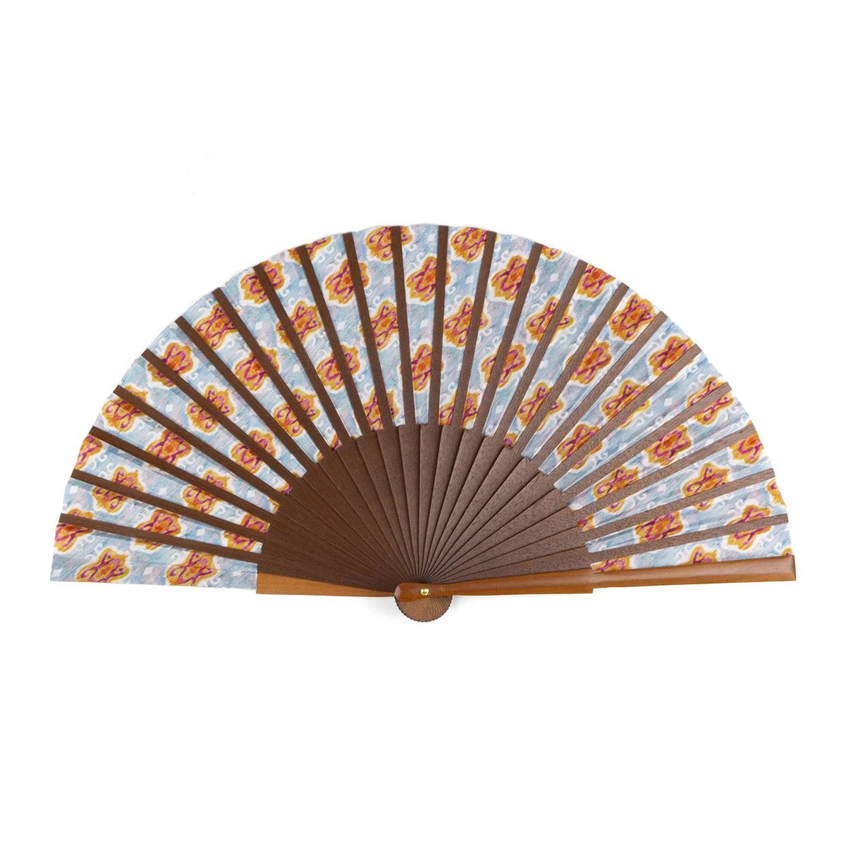 Handgefertigter Seidenlüfter mit geometrischem Ikat -Muster in lebendigen Farben