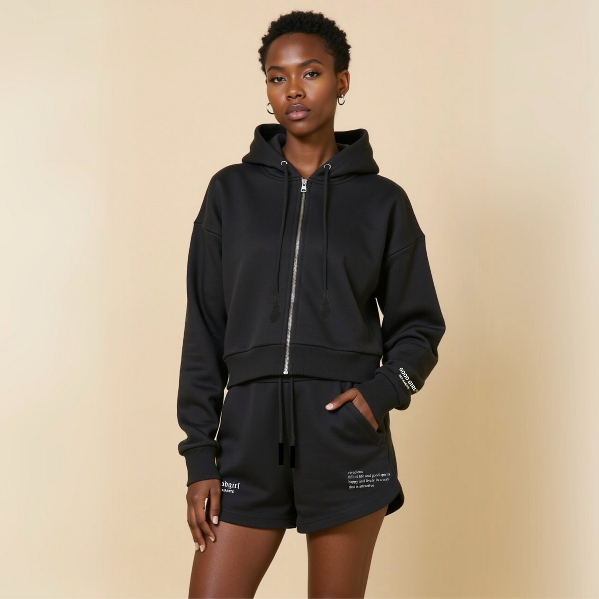 Crop hoodie with zipper "GGBH" - white
