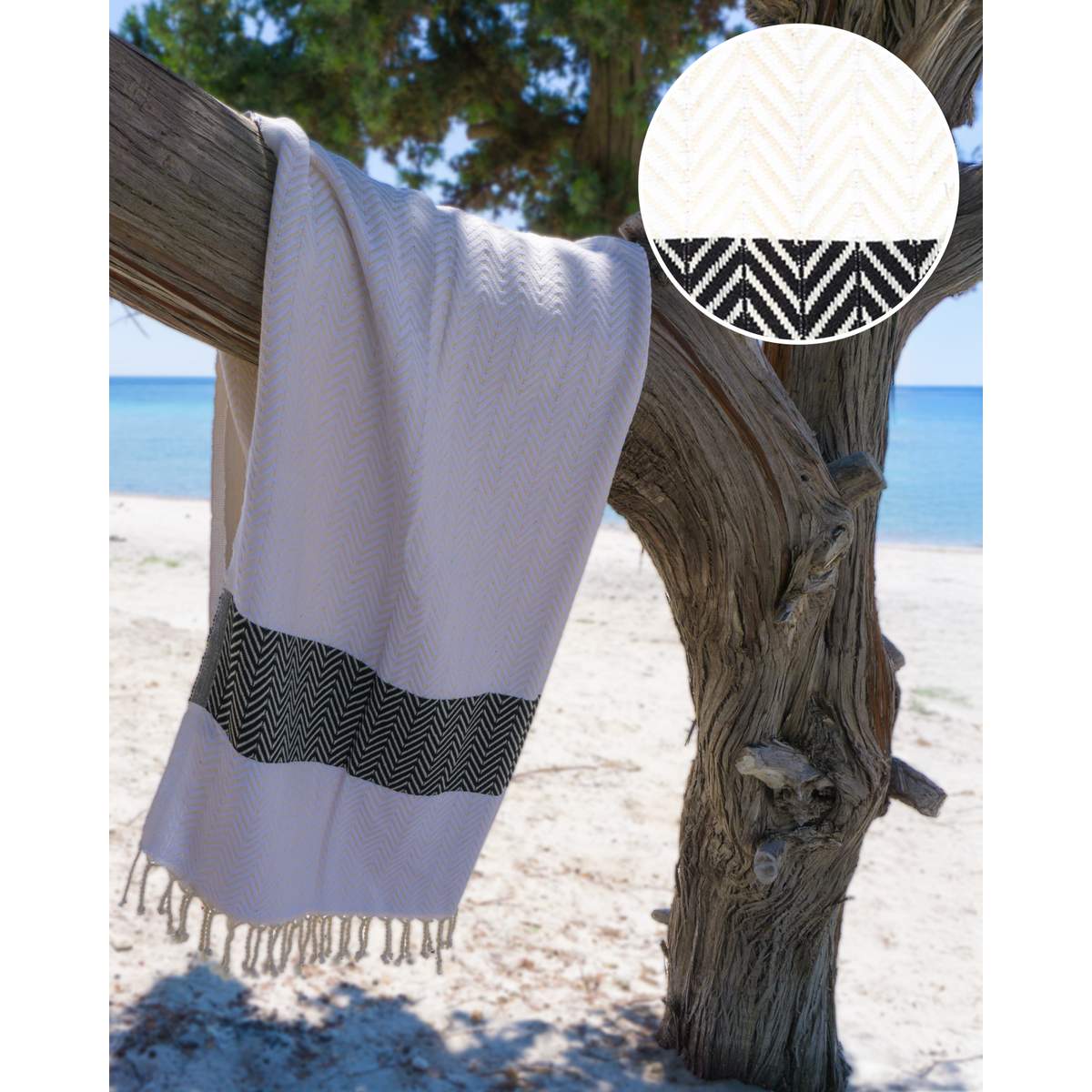 Asciugamano Spa Hammam in cotone ZAYA – Senza sabbia – Bianco / Nero - 180x100 cm