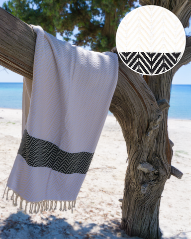 ZAYA Cotton Hammam Spa Towel – Sand Free – White / Black - 180x100 cm