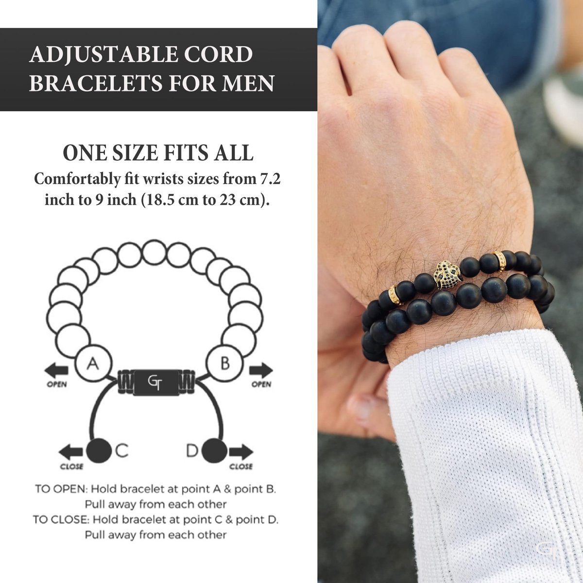 Bracciale Da Uomo IN ONICE NERO Con Testa DI LEOPARDO Dorata
