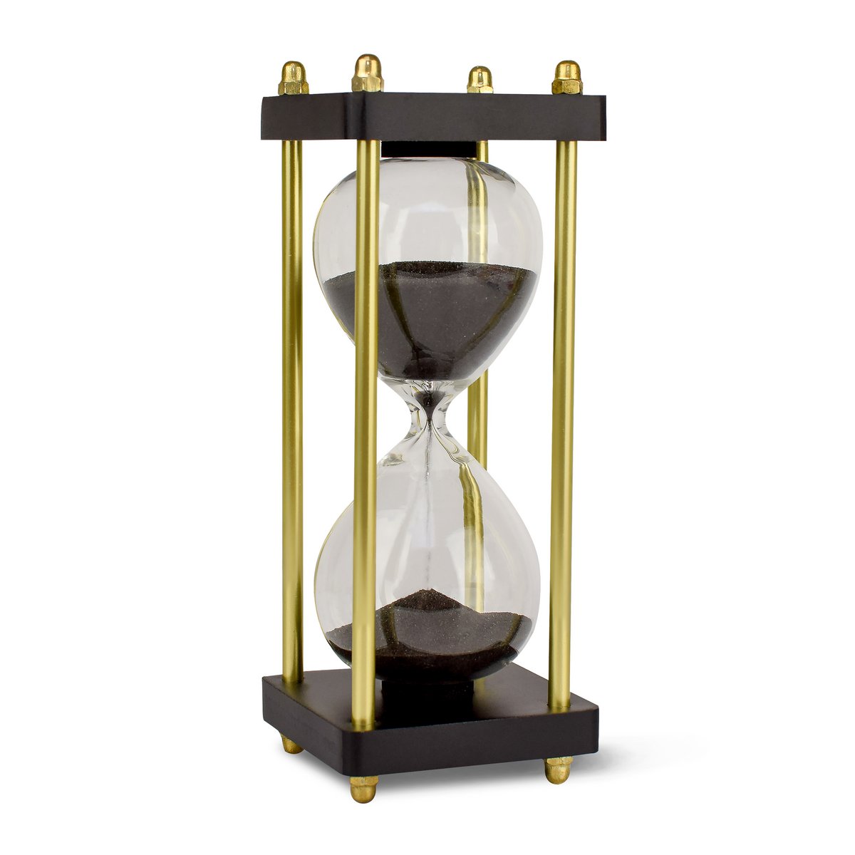 Edle Sanduhr Chronometrie I Dekorative Sanduhr fra Glas mit feinem schwarz-schimmernden Sand veredelt mit goldenen Seitstützen