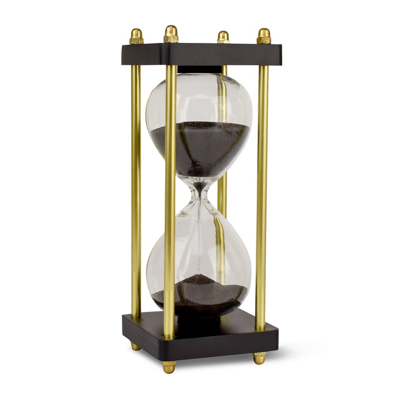 Edle Sanduhr Chronometrie I Dekorative Sanduhr aus Glas mit feinem schwarz-schimmernden Sand veredelt mit goldenen Seitstützen