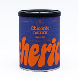 Decaf alternative instant coffee in a blue and orange tin. The tin features the brand name "Chicorée nature" in large text.