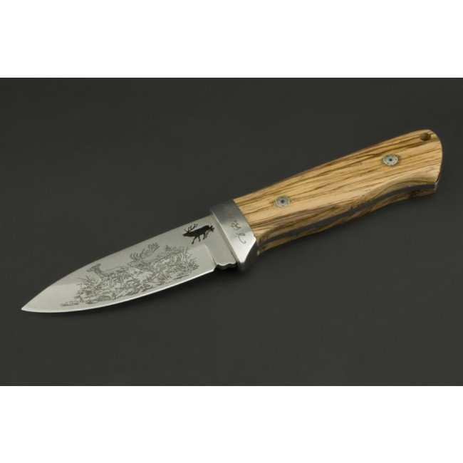 ED MAHONY Red Deer, couteau de chasse par Detlef Ritter, avec dessin d'art de 2 cerfs rouges sur la lame