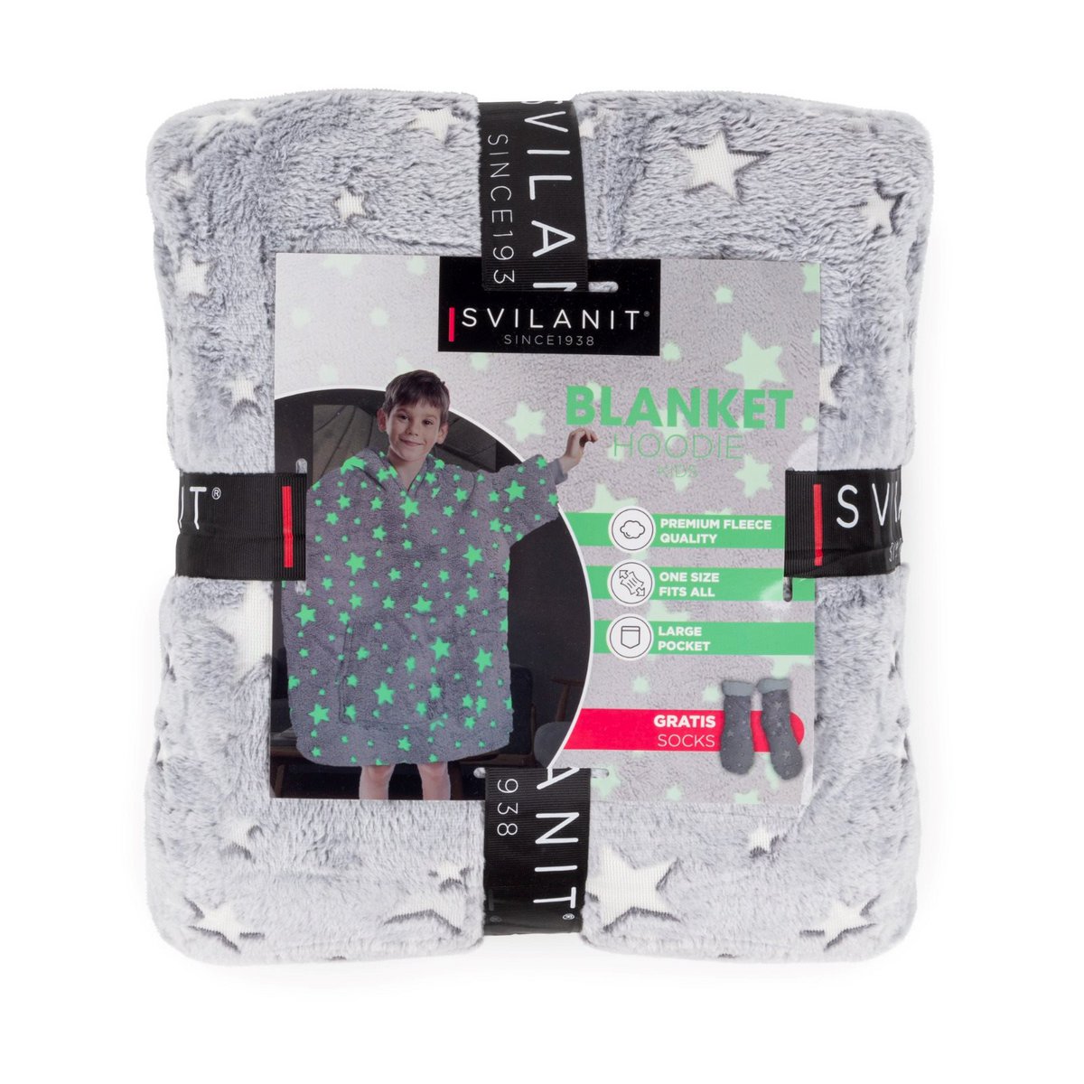 Vitapur - Hoodie deken + sokken kind - Sterren Neon