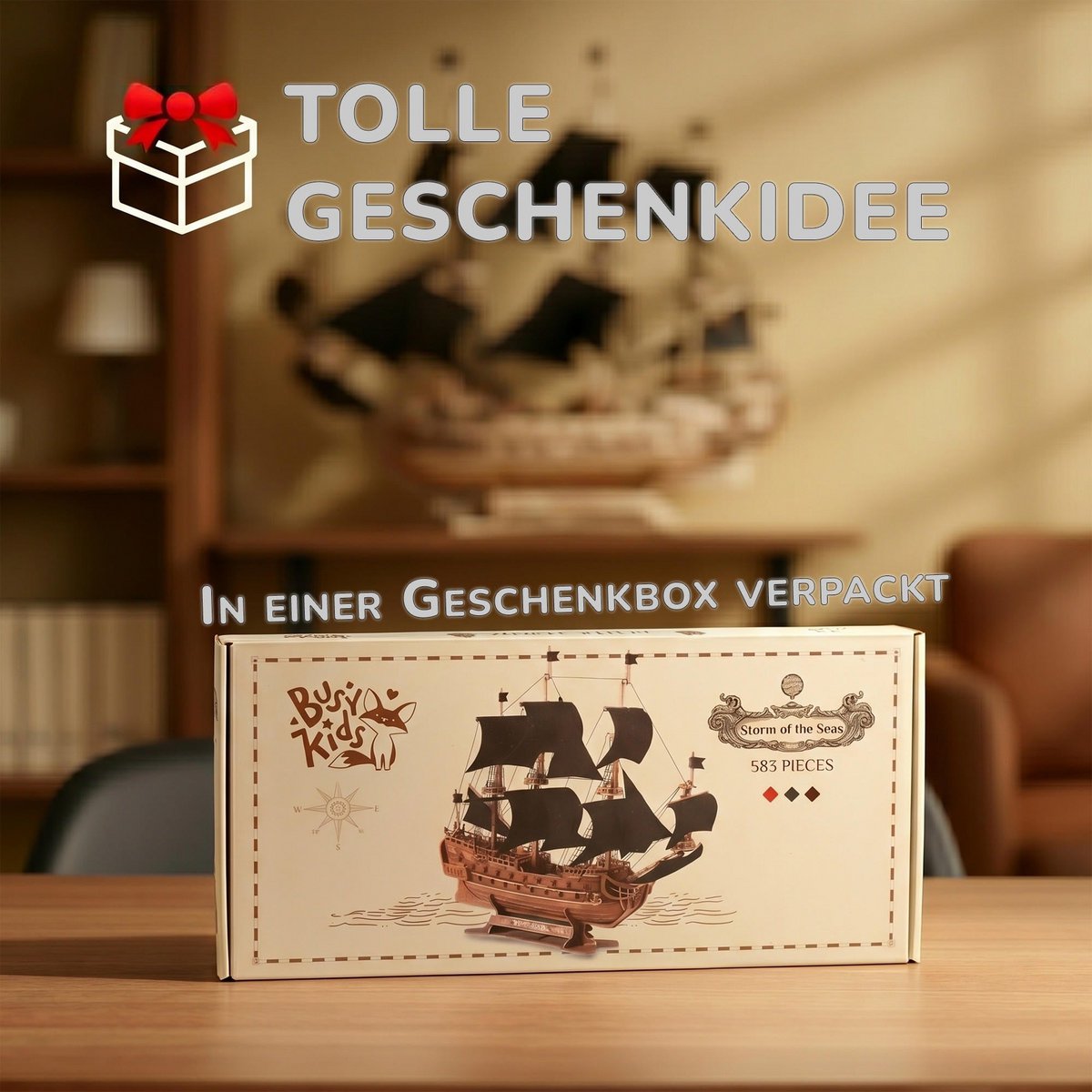 Galeone aus Holz mit LED-Beleuchtung – 3D-Holzpuzzle 583 Teile, Schiffsmodell mit Segeln und Takelage, Modellbausatz ab 12
